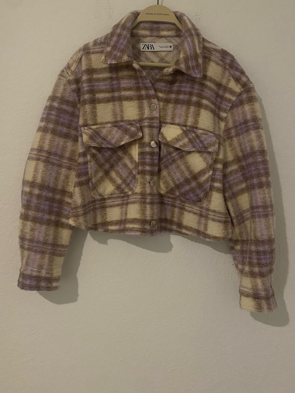Zara Lavender & Cream Plaid Cropped Shacket - Picture 3 of 6